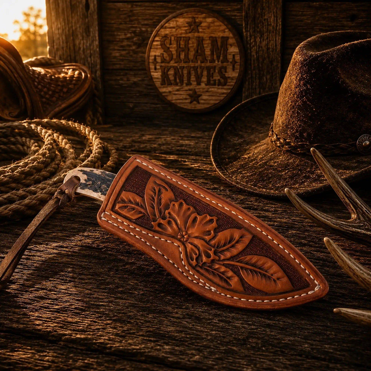 SHAM KNIVES Ranch Buckaroo Knife with 3-inch D2 steel blade, stag horn handle, and turquoise accents in a leather sheath