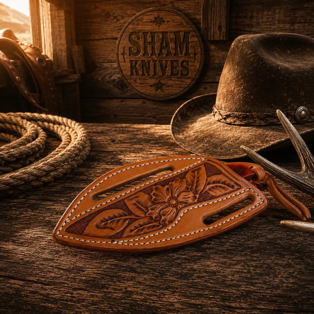 SHAM KNIVES Buckaroo Skinning Belt Knife with D2 steel blade and sheep horn handle, shown with leather sheath.