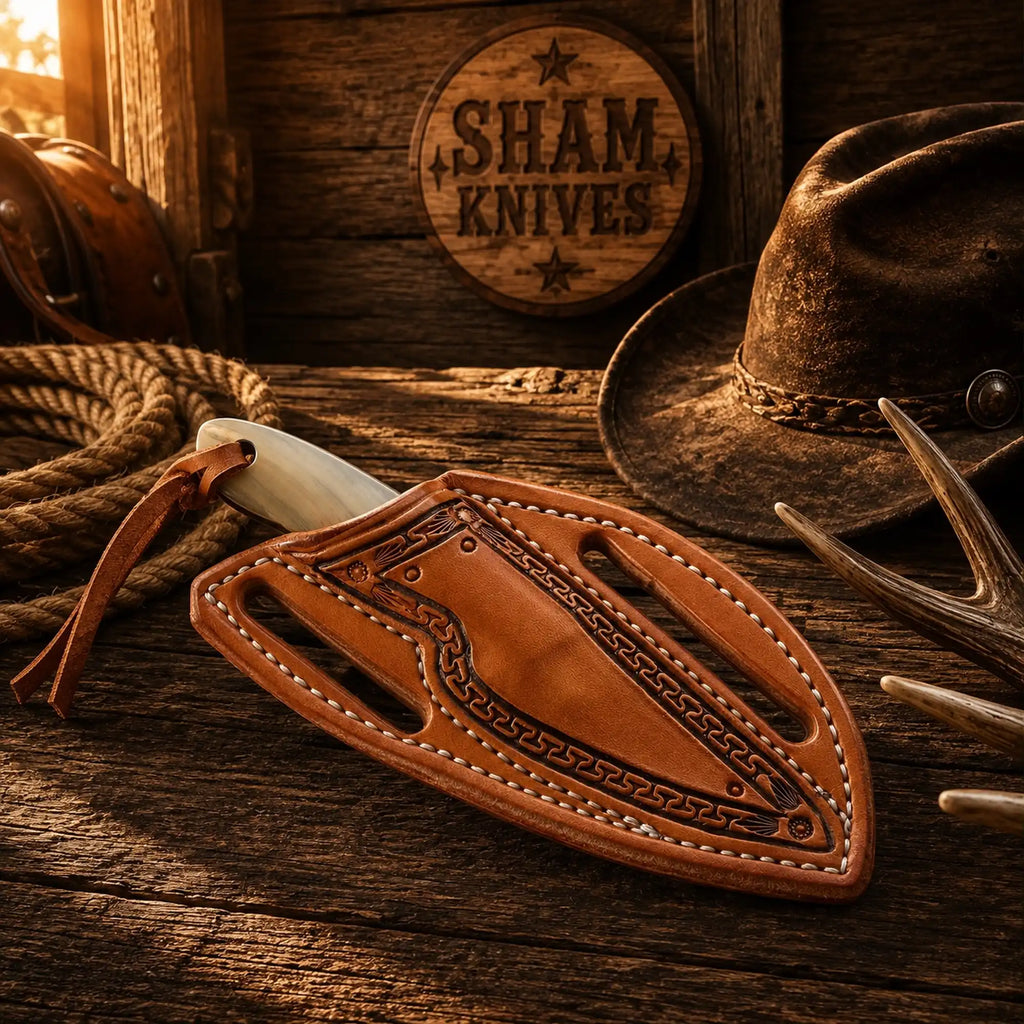 SHAM KNIVES custom skinning knife with D2 steel blade and mountain sheep horn handle, designed for durable outdoor skinning tasks.
