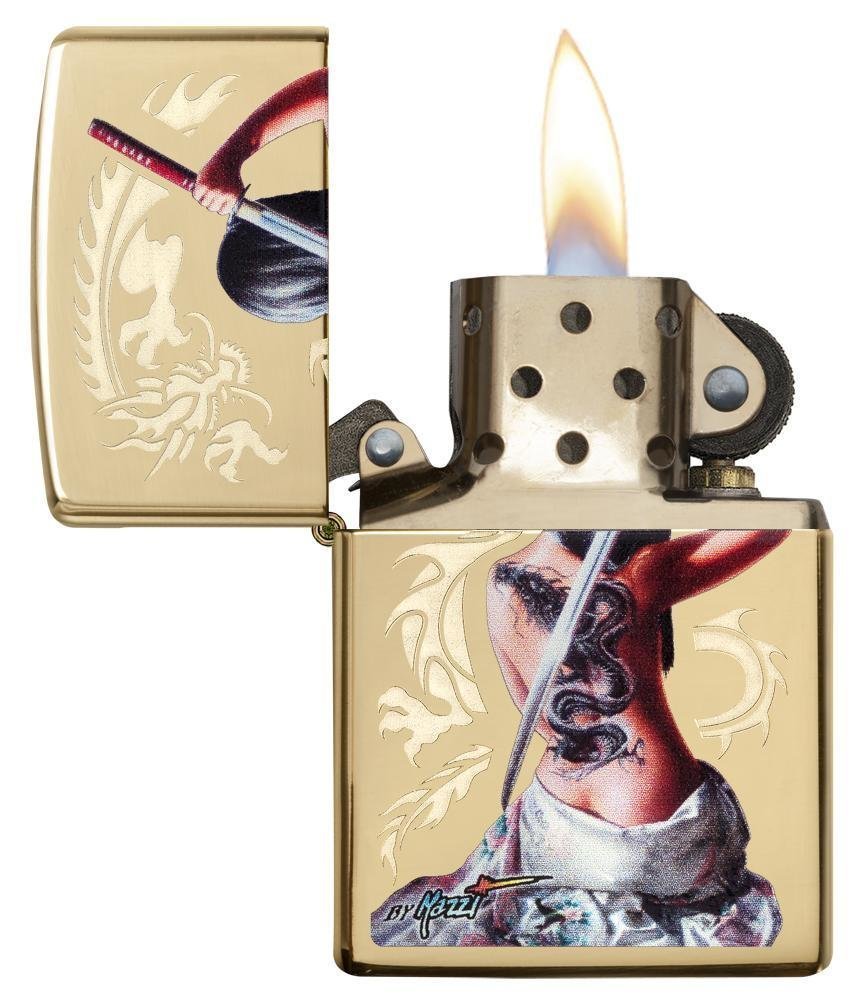 Zippo Mazzi Girl With Dragon Tattoo Samurai, High Polish Brass Lighter #29668