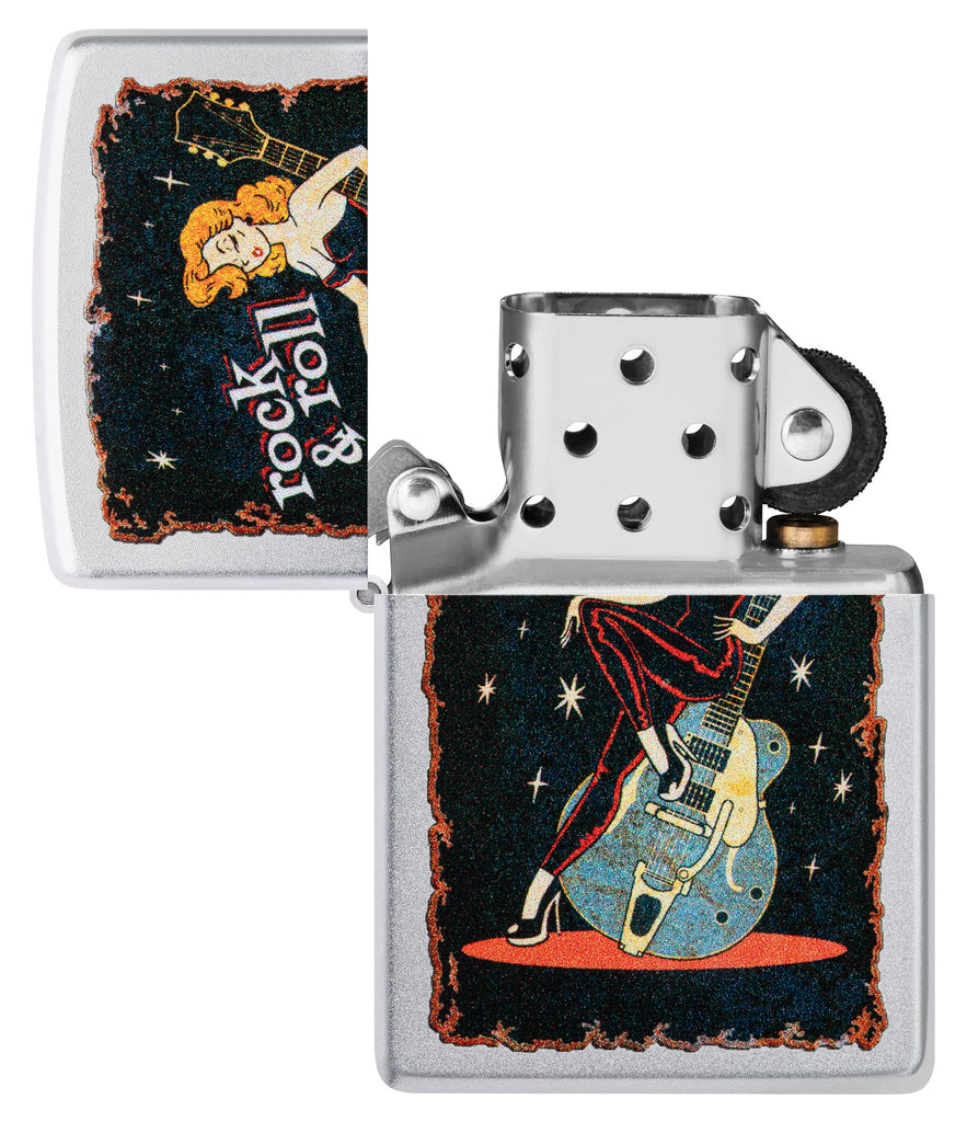 Zippo Cool Chick Rock and Roll, Satin Chrome Lighter #48930