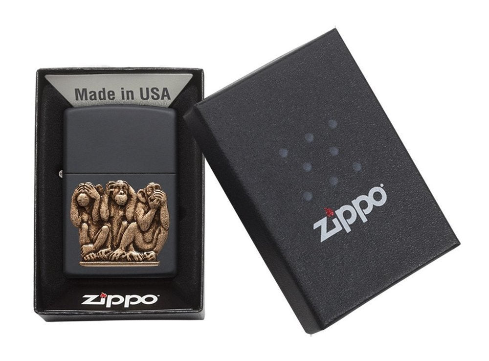 Zippo Three Monkeys Brass Emblem See No Evil, Black Matte Lighter #29409