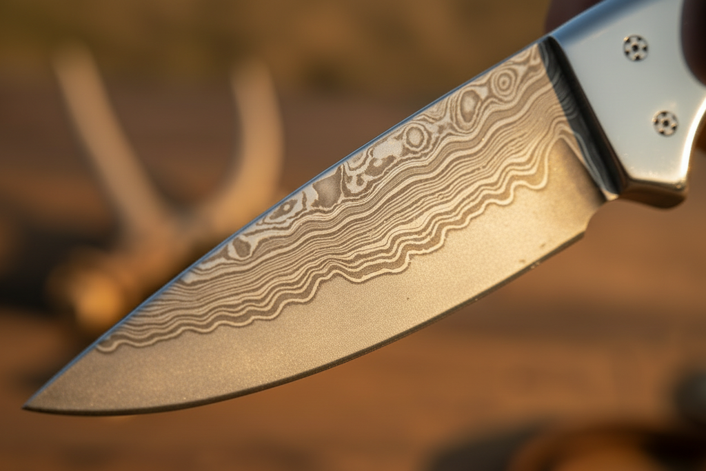Cross Draw Knife – Damascus Steel, Antler Horn Handle, Steel Bolster & Leather Sheath | 6.25"