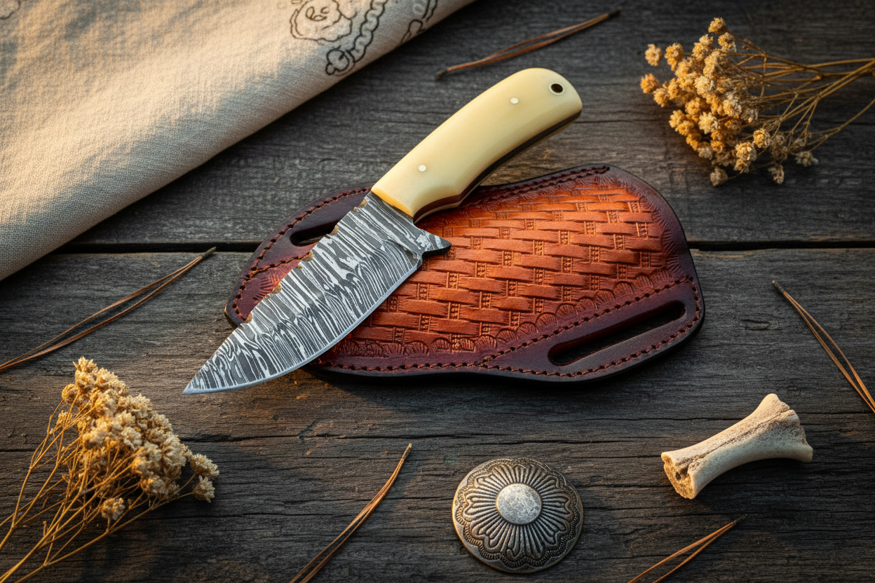 Western Ranch Knife – Fire Damascus Steel & Bone Handle with Leather Sheath