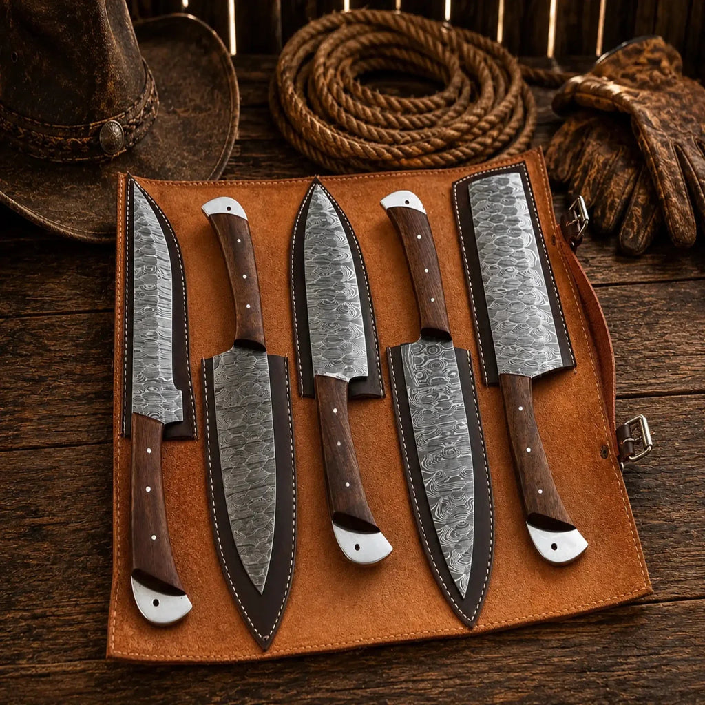 Damascus Chef Knife Set – 5 Piece Rosewood Handle Collection