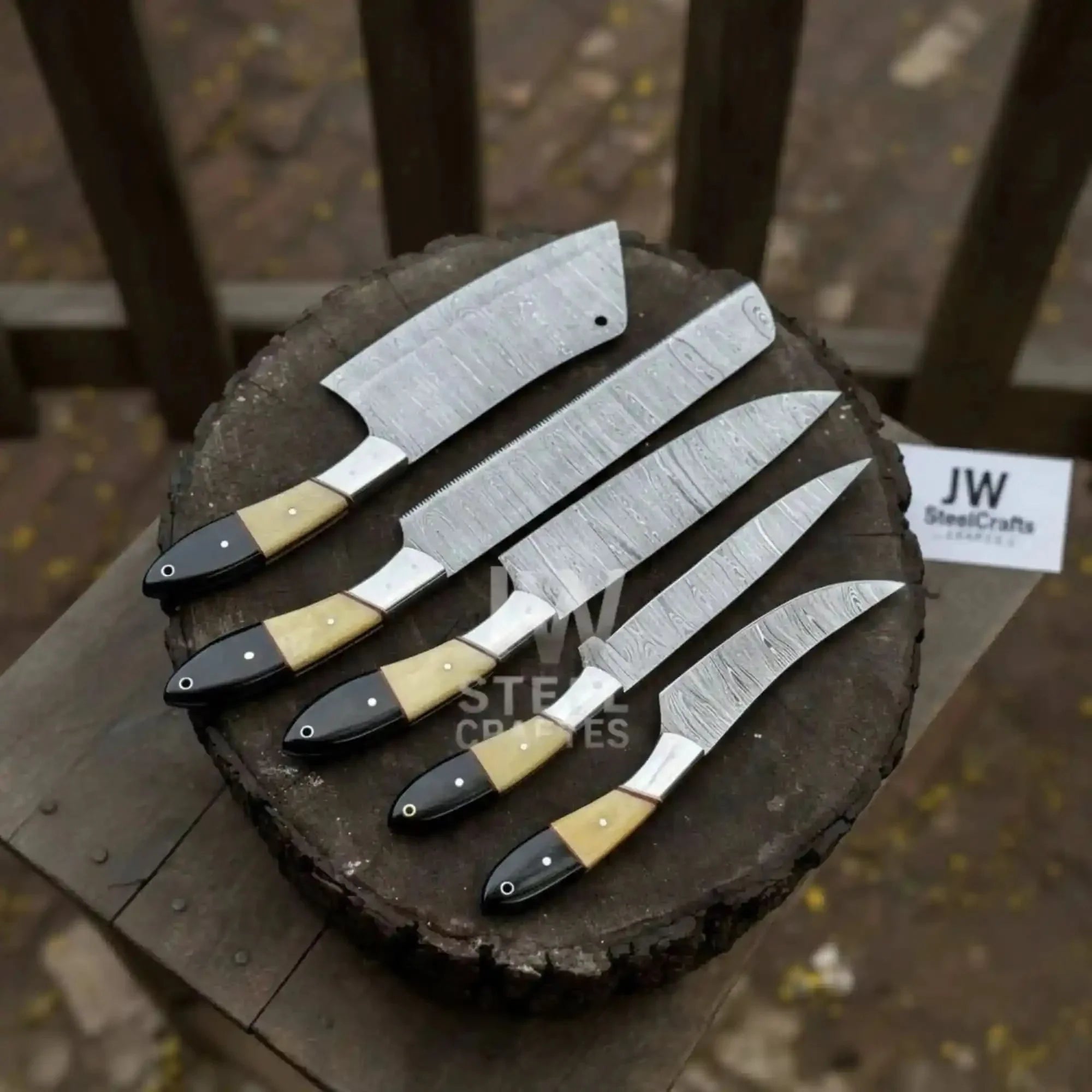 5-Piece Damascus Chef Knife Set – Camel Bone and Black Micarta Handles