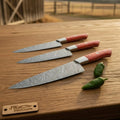 3 Piece Handmade Damascus chef Knife Set Red Pakka Wood Handles