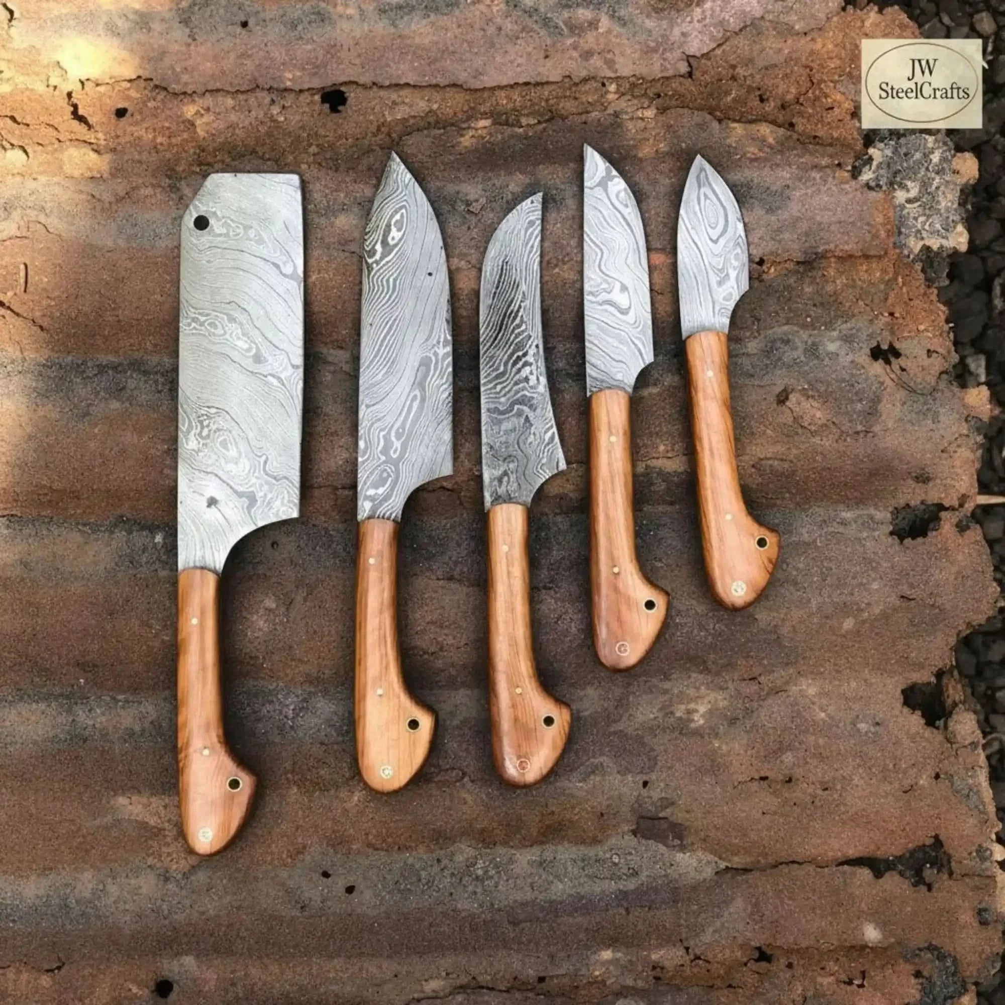 5-Piece Damascus Kitchen Knife Set Cleaver, Chef, Utility, Boning & Paring with Olive Wood Handles & Brass Pins