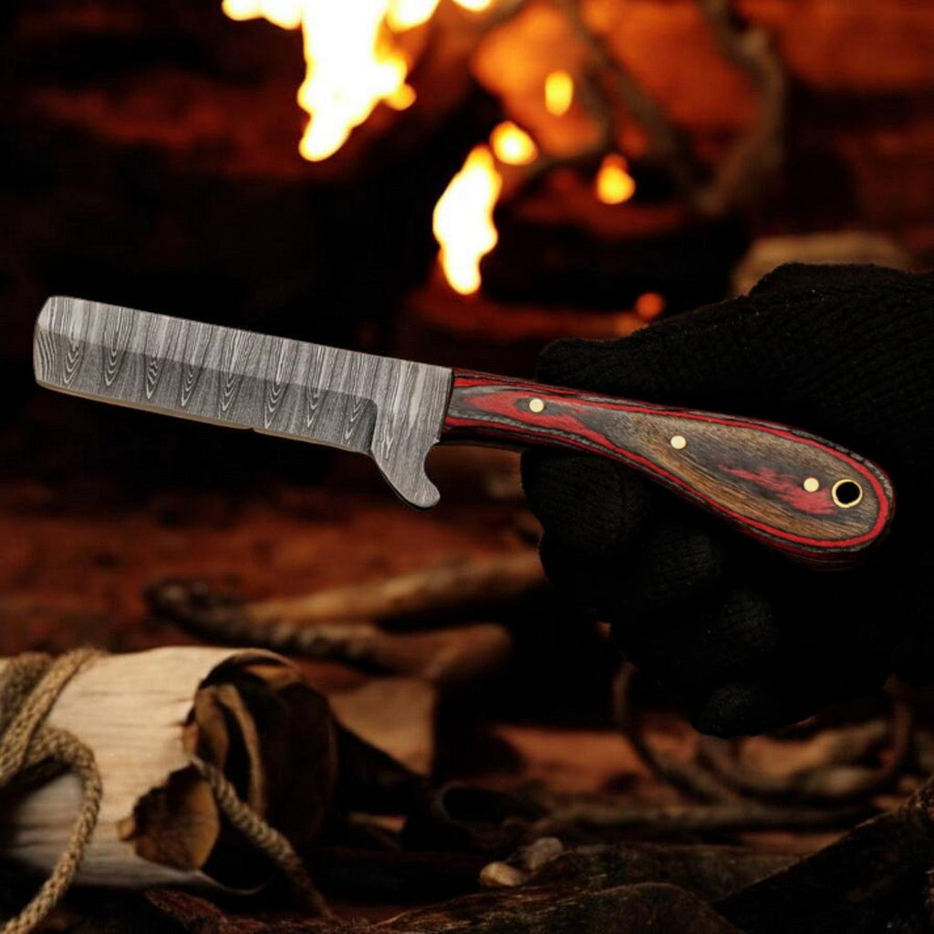 Damascus Cowboy Bull Cutter Knife | Red Pakka Wood | Pancake Sheath