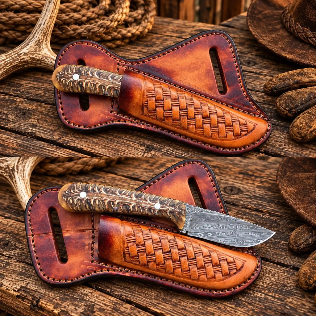 Cowboy Hunting Knife – Forged Damascus steel with Pinecone Handle with Cross-Draw Leather Pouch