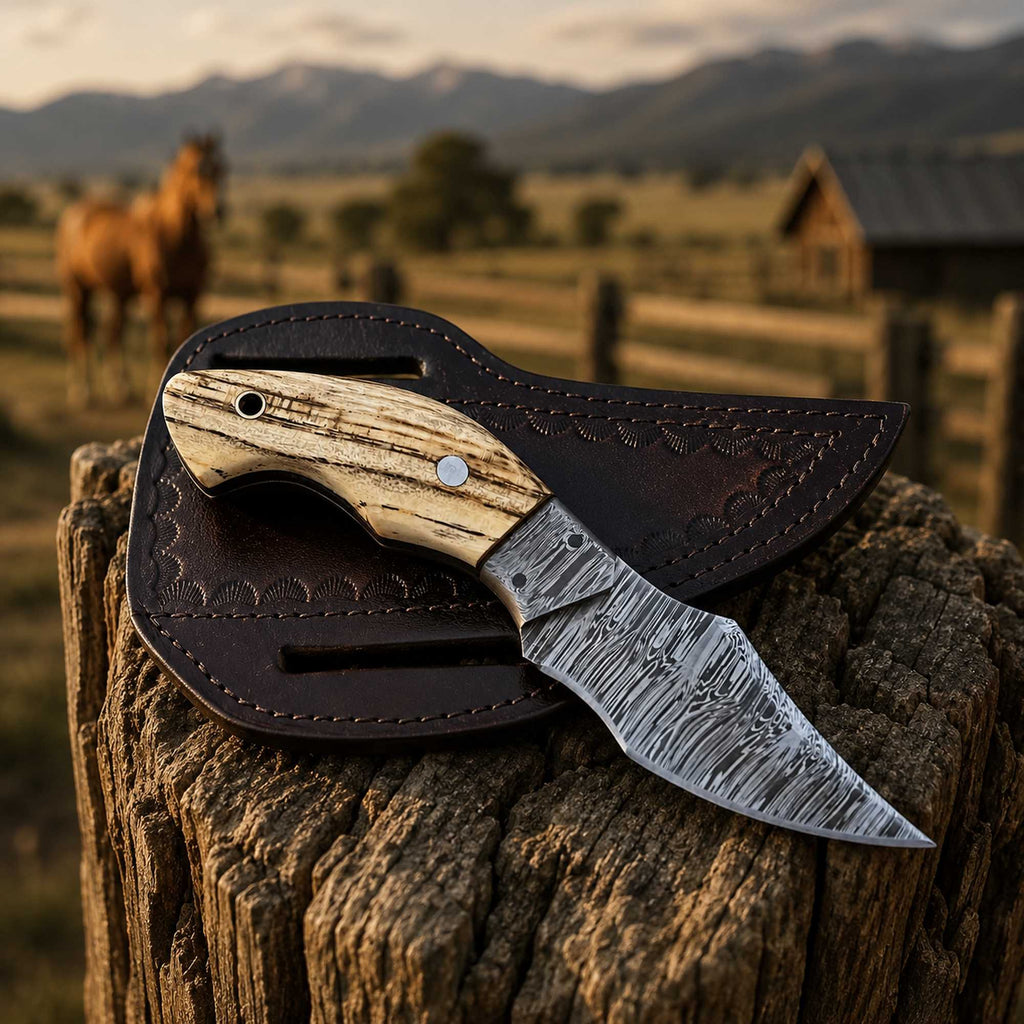 Damascus EDC Cowboy Knife Ashwood Handle