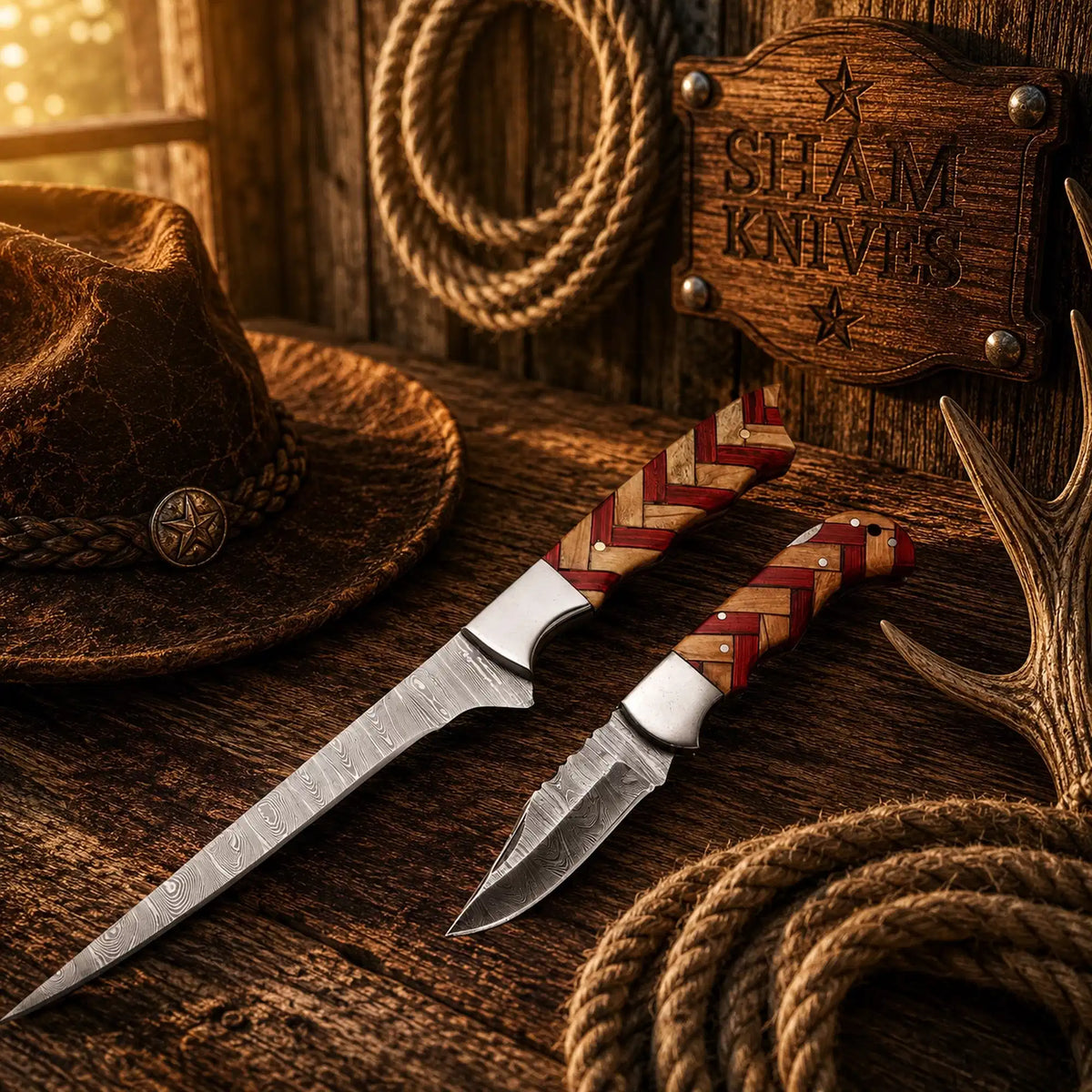 Handmade Damascus steel fillet and pocket folding knife set - SHAM KNIVES | Relic & Reel