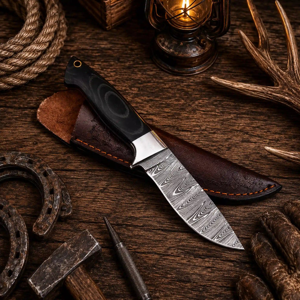 G10 Fixed Blade Outdoor Camping Hunting EDC Knife – Damascus Blade With Leather Sheath
