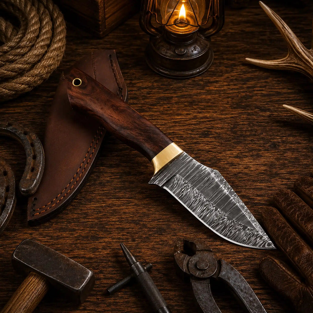 Custom handmade Damascus steel hunting knife with walnut wood handle, ideal for camping, survival, and EDC outdoor use by SHAM KNIVES.