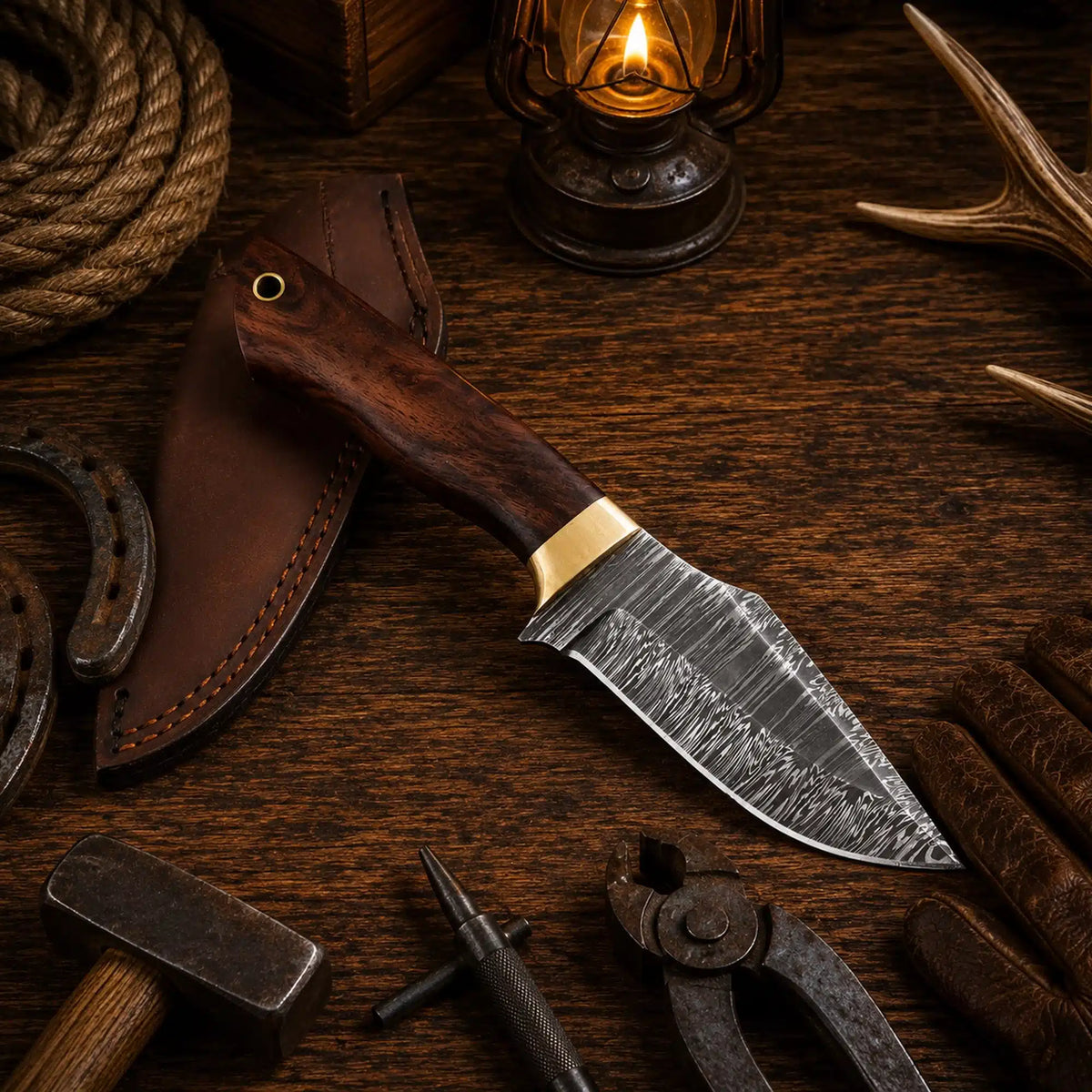 Custom handmade Damascus steel hunting knife with walnut wood handle, ideal for camping, survival, and EDC outdoor use by SHAM KNIVES.
