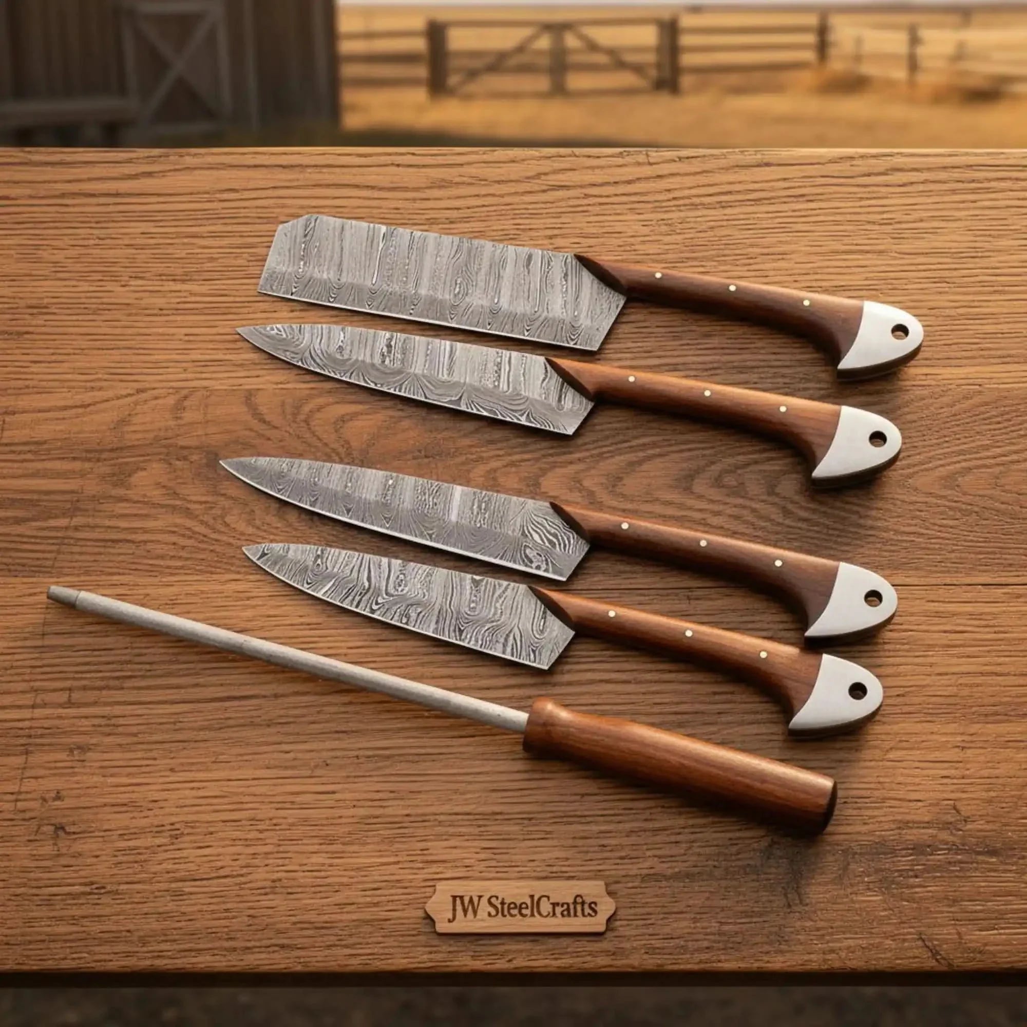 Pattern-Welded Damascus Kitchen Set Tall Cai Dao Cleaver, Nakiri, Gyuto & Petty Knife