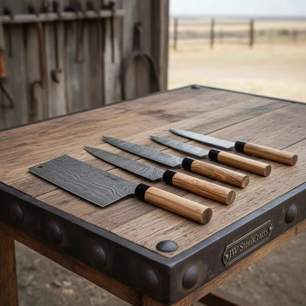 4-Piece Damascus Knife Set Olive Wood Wa Handle & Black Leather Roll