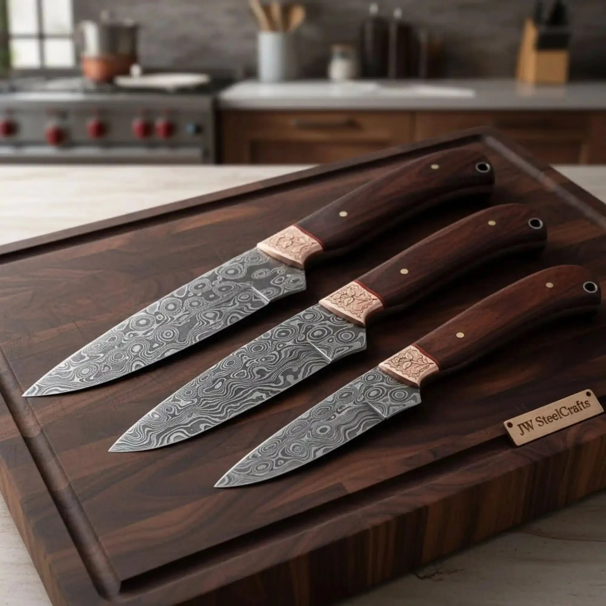 3-Piece Damascus Knife Set with Engraved Bolsters with Topographic Blades