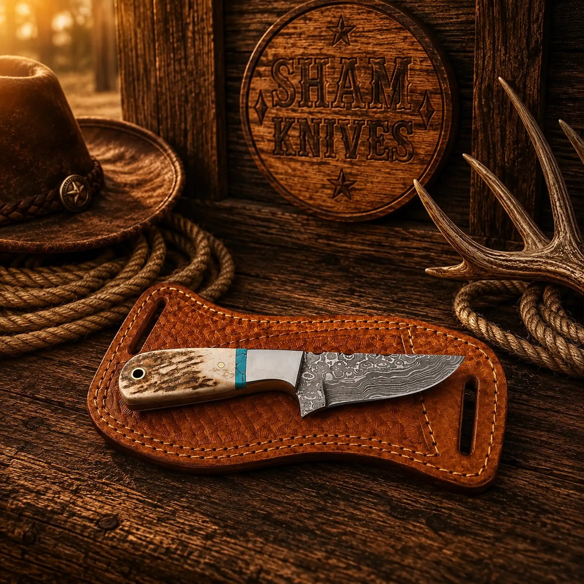Cowboy Belt Knife – 3.25″ Raindrop Damascus, Antler & Turquoise