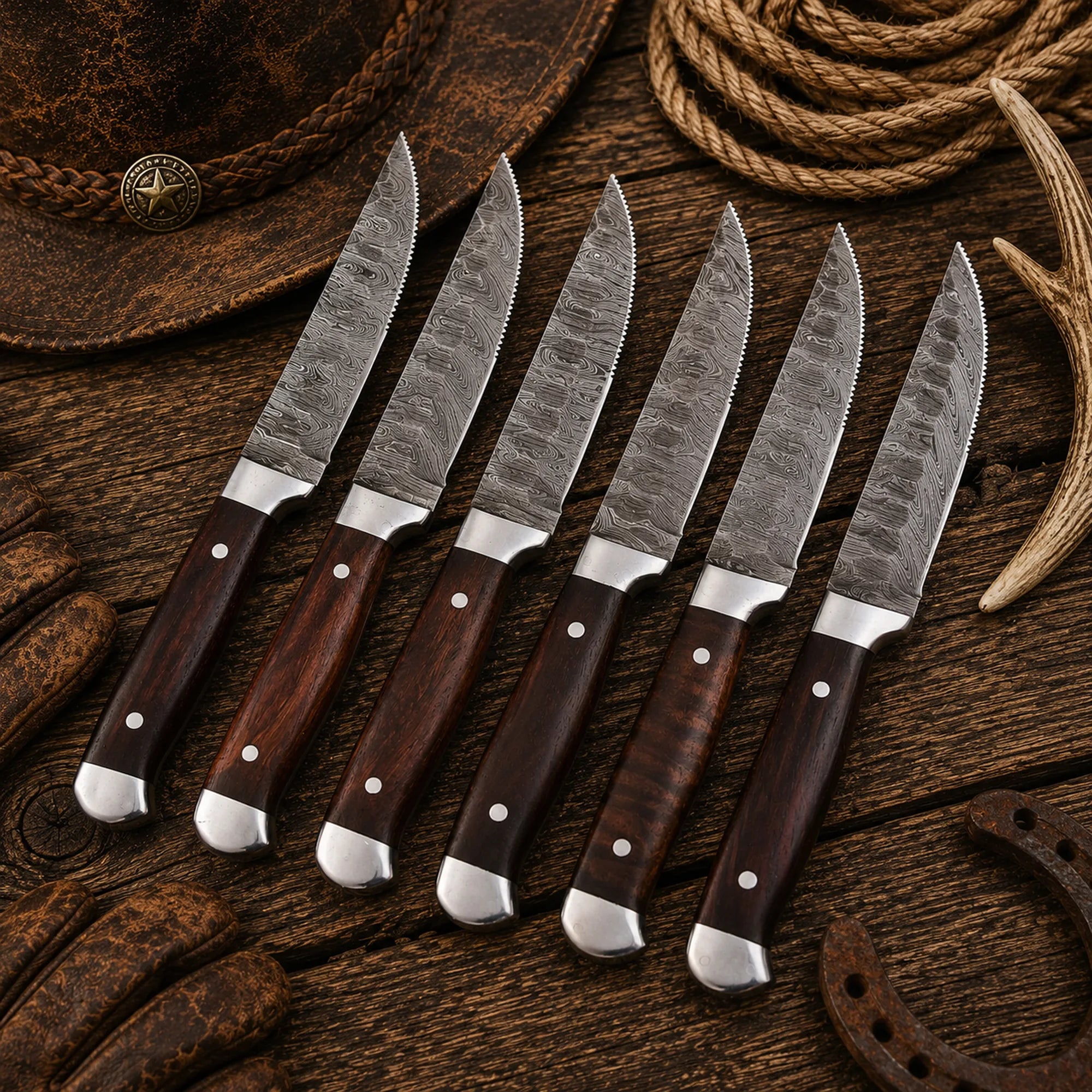 Handmade 6-Piece Damascus Steak Knife Set with Rosewood Handles