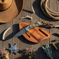 Compact Western Ranch Knife – Damascus Steel, Sheep Horn Handle & Brass Bolster with Leather Sheath