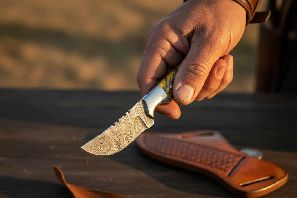 Cross Draw Knife with Sheath – Damascus Steel & Pine Cone Resin Handle | 7.5"