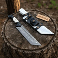 Damascus Steel Buckstrap Tracker Knife with Dual-Tone Bone & Black Handle Handmade Leather Sheath