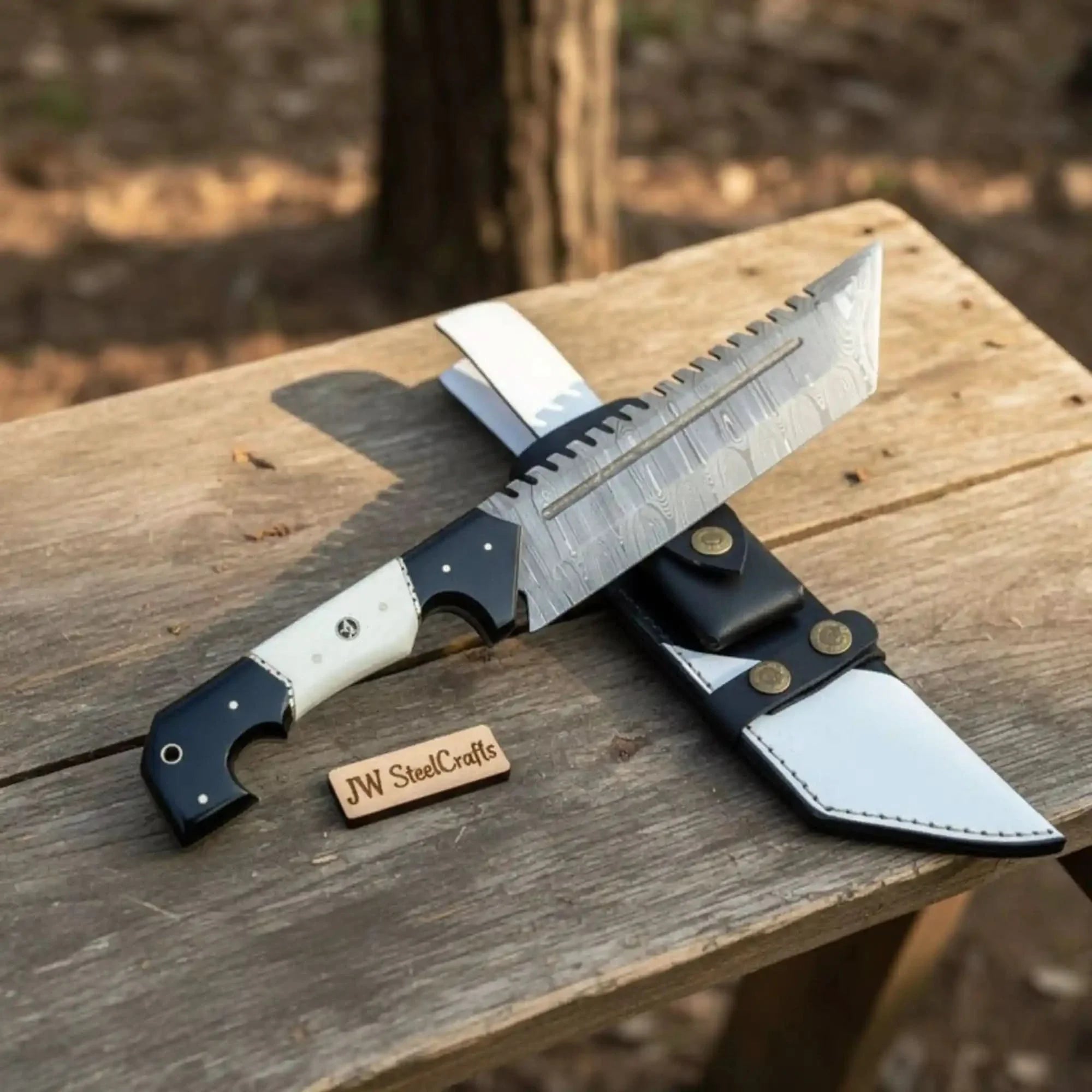 Damascus Steel Buckstrap Tracker Knife with Dual-Tone Bone & Black Handle Handmade Leather Sheath
