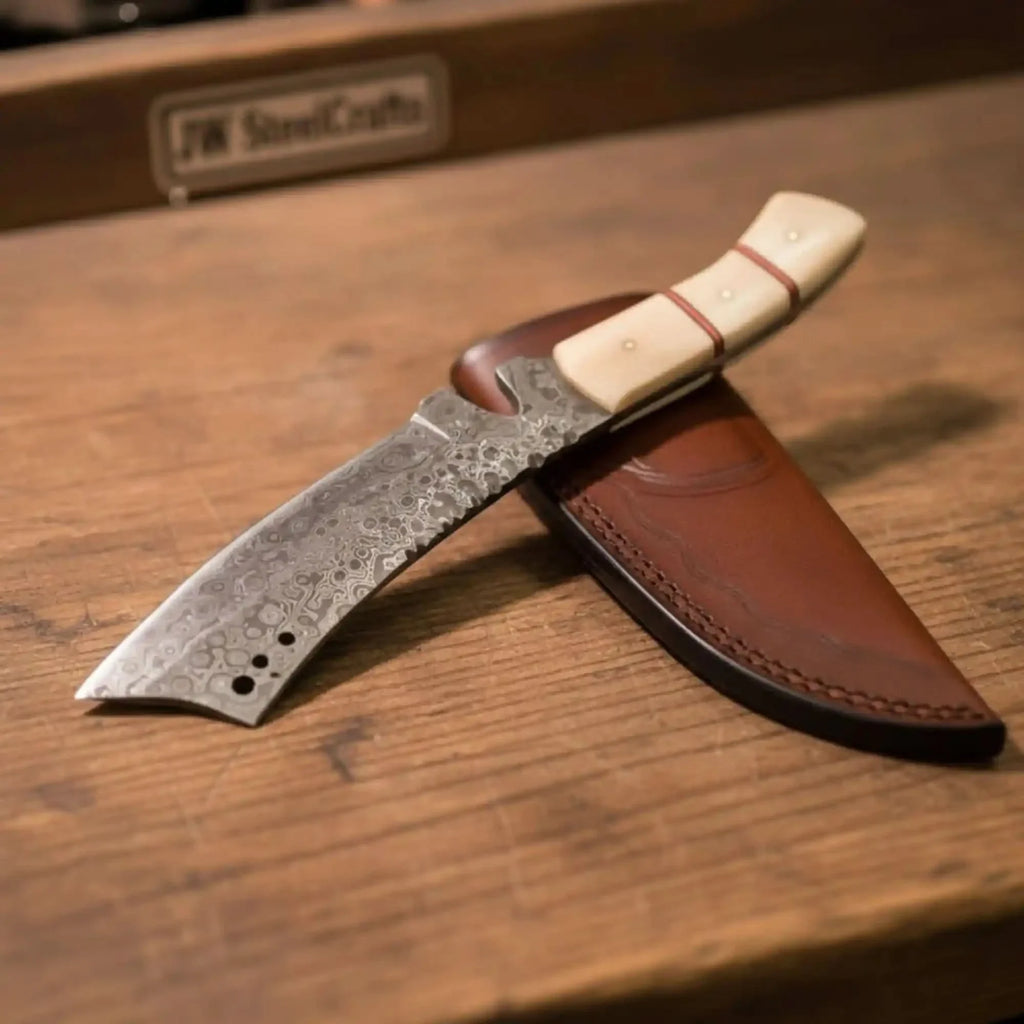Damascus Tanto Trailing Point Hunting Knife Bone Handle 12 Inch Handmade Leather Sheath