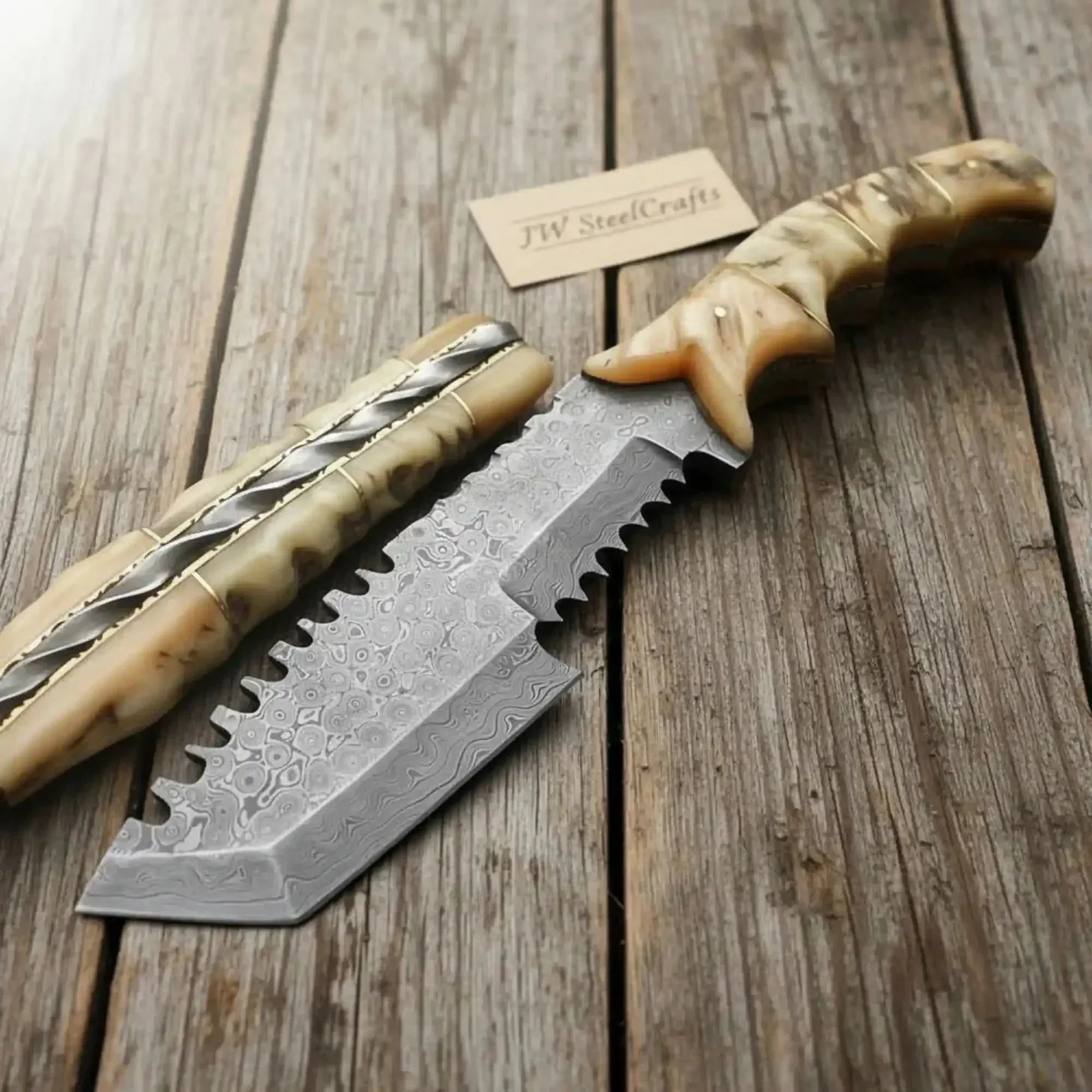 Damascus Tom Brown Tracker Knife with Ram Horn Handle - Full Tang
