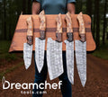 Damascus Cooking Knife Set – 13” Handmade Chef Knife with Olive & Rosewood Handle, Steel Bolster & Leather Sheath