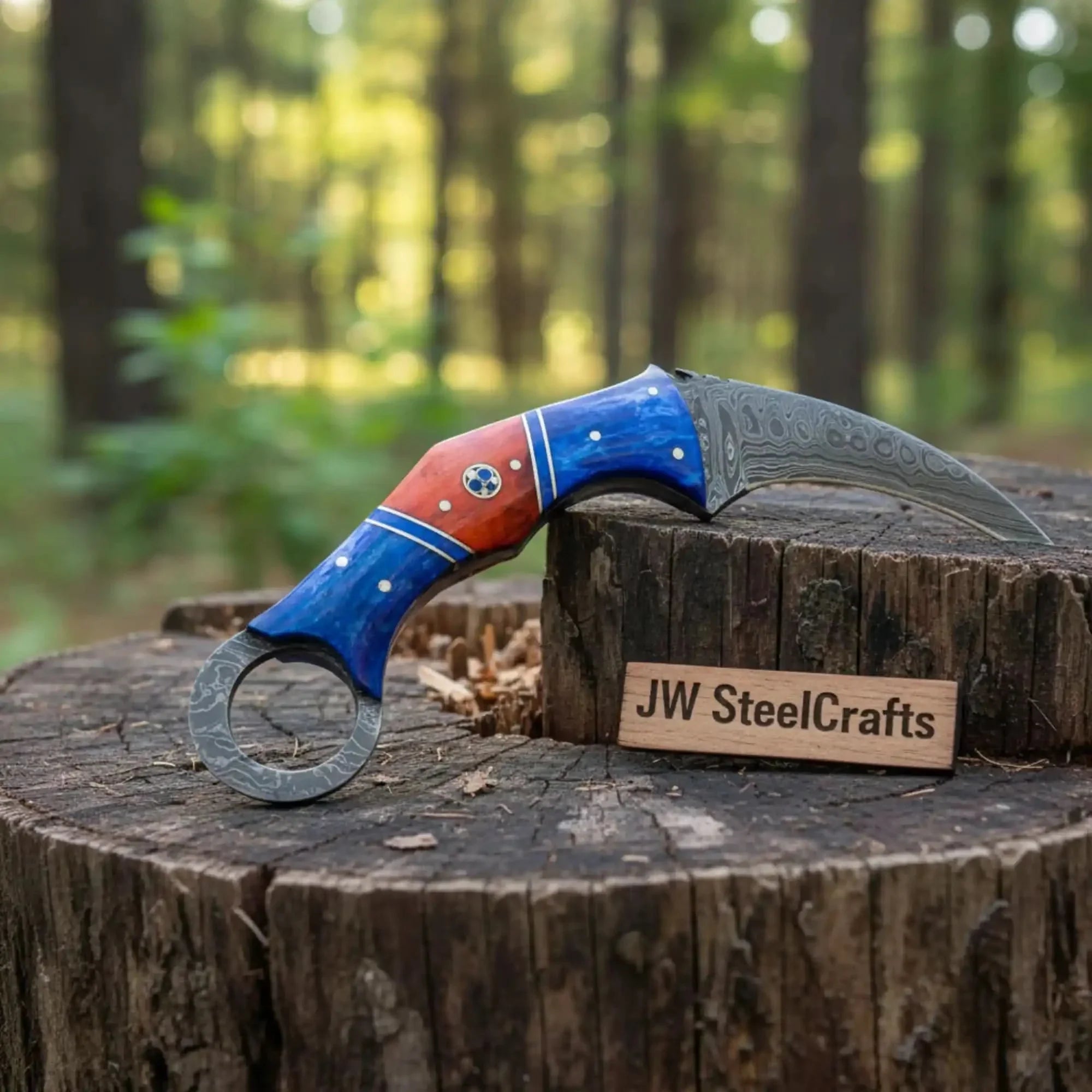 Damascus Karambit Knife with Blue Wood Handle, Finger Ring, and Sheath
