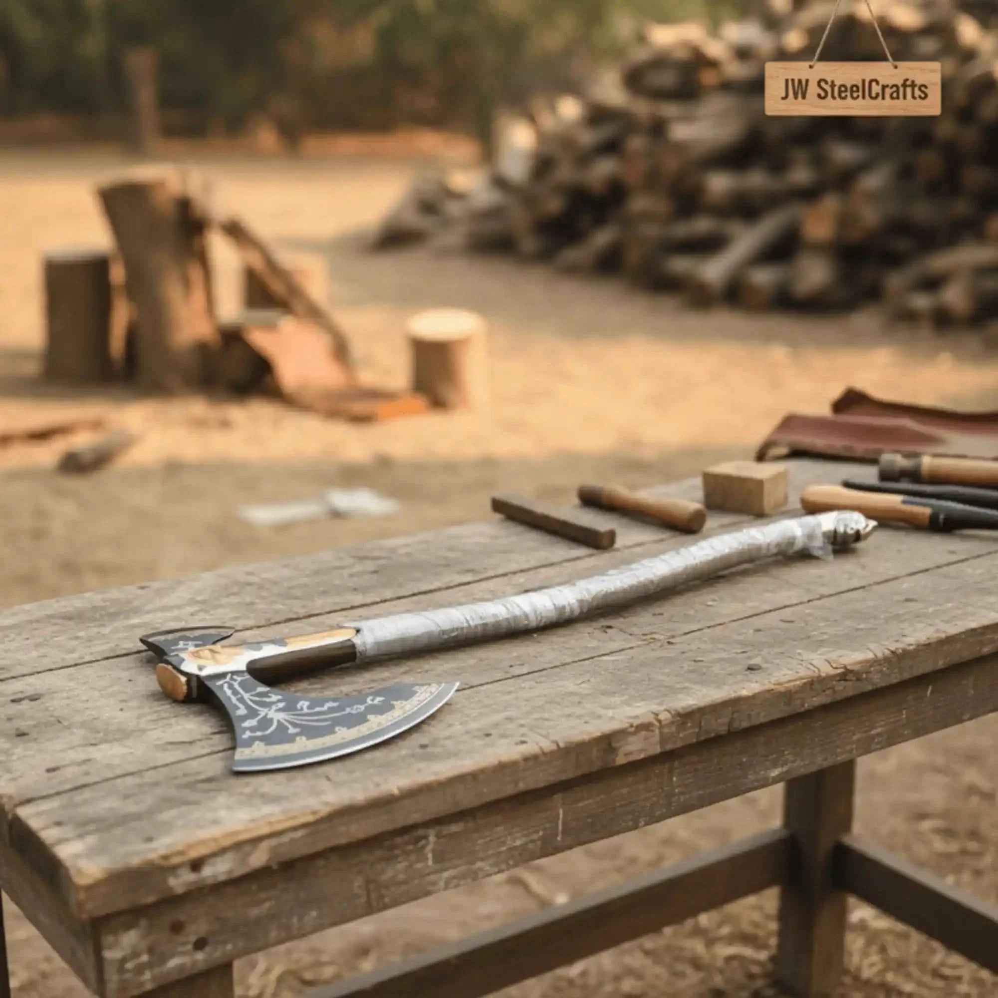 Hand Forged Viking Fantasy Double-Bit Axe with Norse Engraving, Gold Handle Fittings and Blue Gemstone Inlays