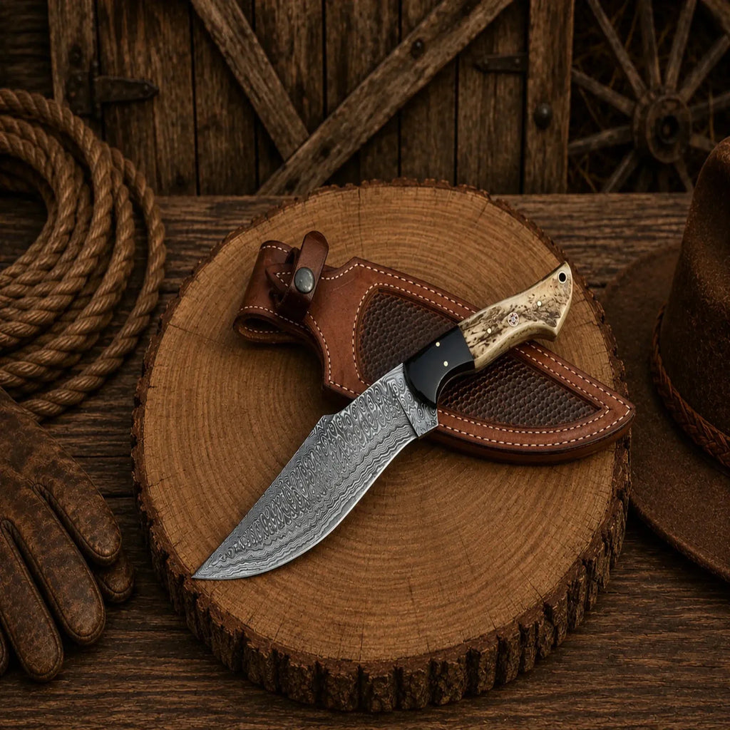 SHAM KNIVES Deer Hunting Bowie Knife with Frostfang Damascus steel blade and stag handle, ideal for outdoor hunting and survival tasks.
