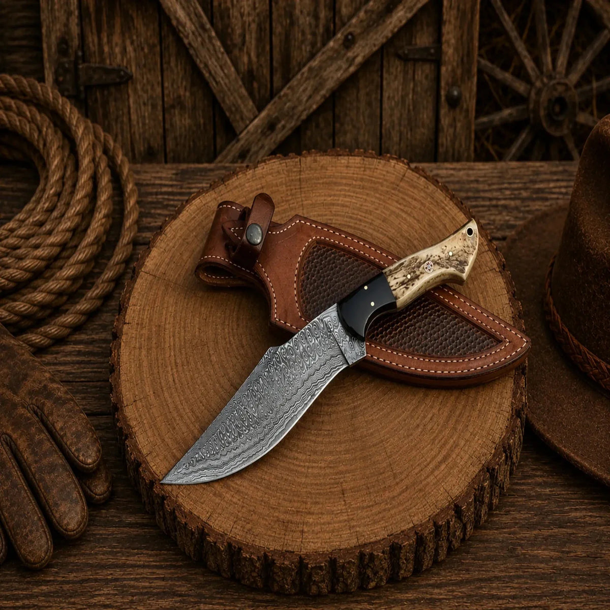 SHAM KNIVES Deer Hunting Bowie Knife with Frostfang Damascus steel blade and stag handle, ideal for outdoor hunting and survival tasks.