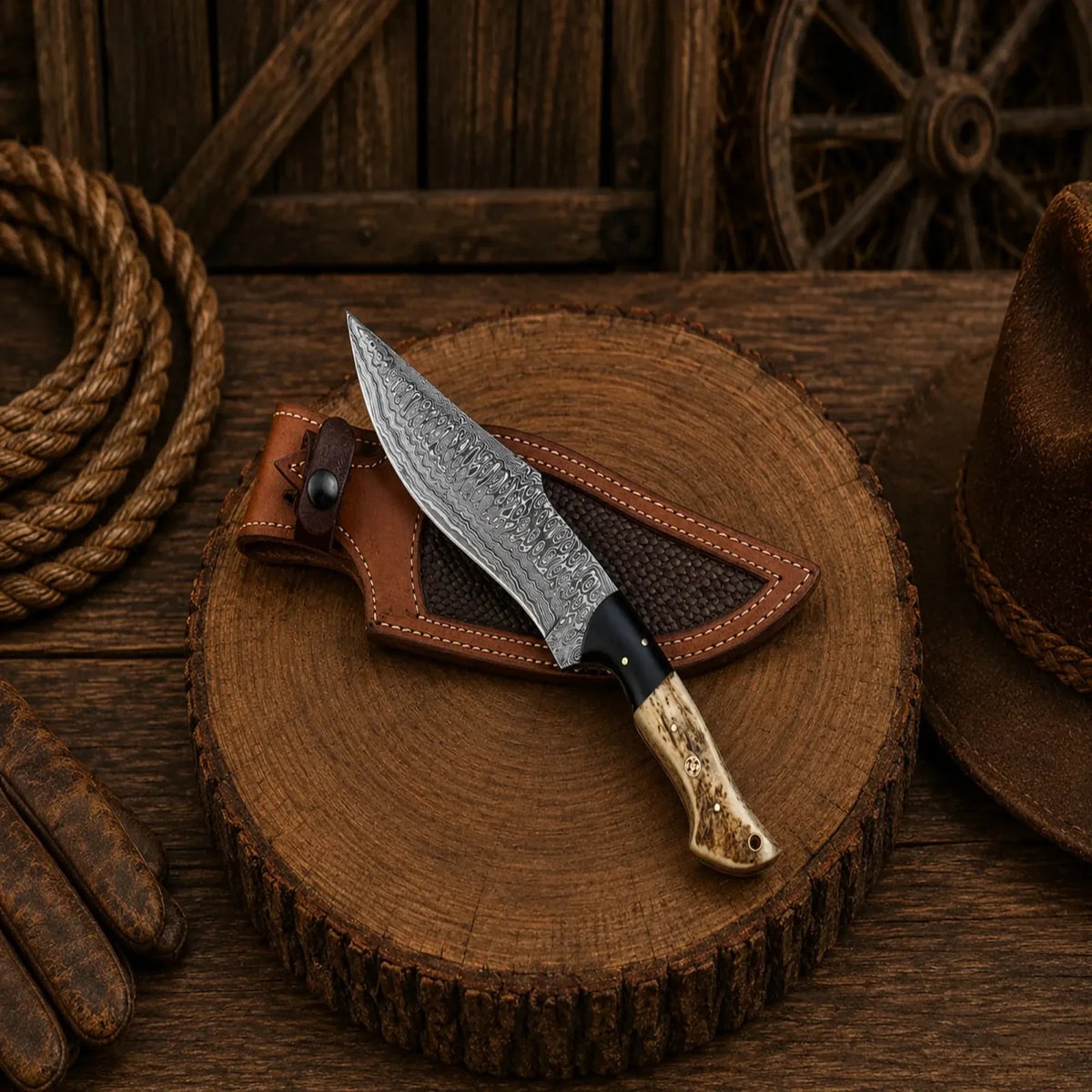 Deer hunting Bowie knife with Frostfang Damascus steel blade and stag handle by SHAM KNIVES, suitable for outdoor hunting.
