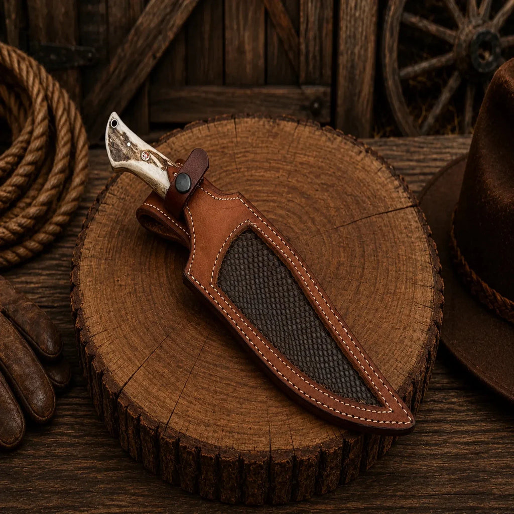 Deer hunting Bowie knife with Damascus steel blade and stag handle by SHAM KNIVES, ideal for outdoor hunting and survival.