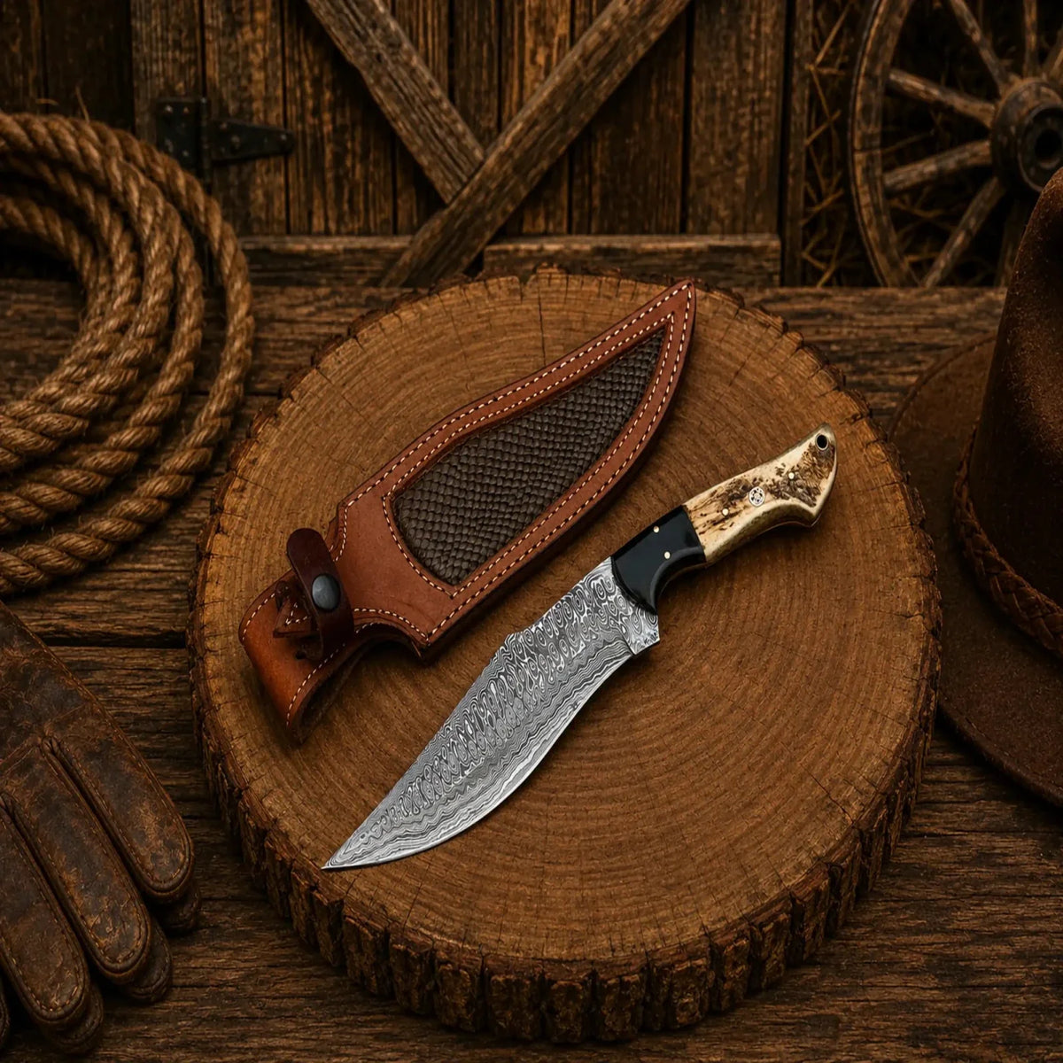 Deer hunting Bowie knife by SHAM KNIVES with Frostfang Damascus steel blade and stag handle, ideal for hunting and outdoor use.