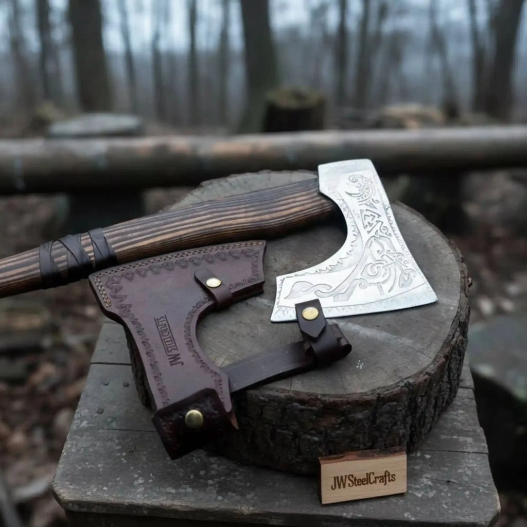 Engraved Carbon Steel Ragnar Axe with Bearded Head