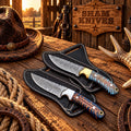 Desert Amethyst Cowboy Knife Duo – Damascus & Pine Cone Handles