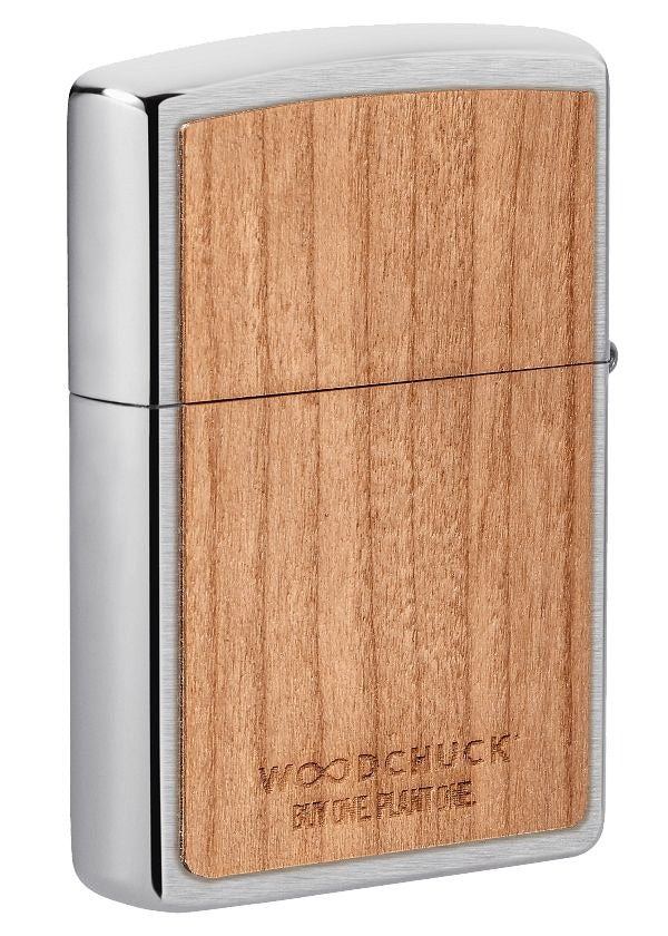 Zippo WOODCHUCK USA Cherry Wood Emblem, Brushed Chrome Lighter #49462