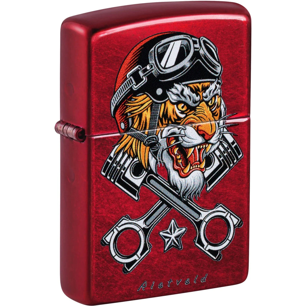 Zippo Rietveld Biker Tiger, Candy Apple Red Lighter #46934