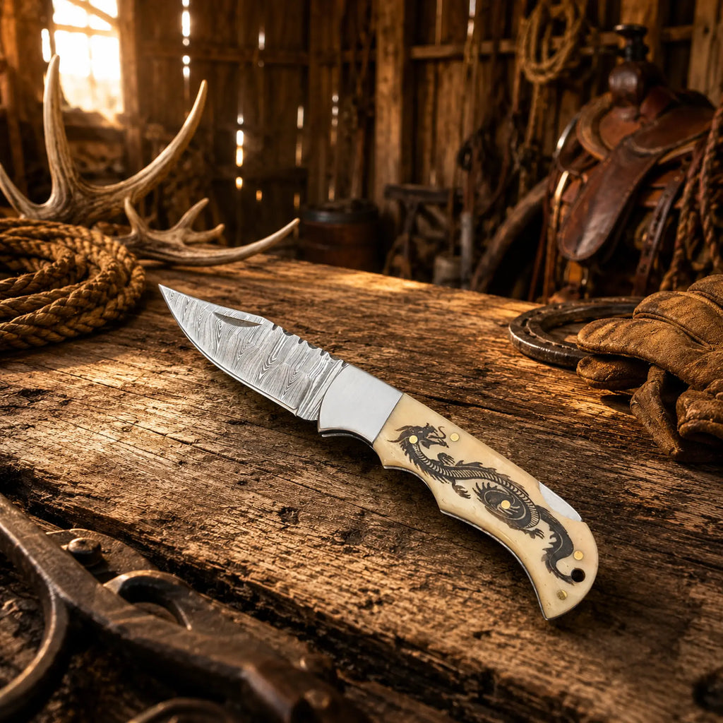 Handmade Damascus pocket knife with dragon engraving, camel bone handle, and back lock mechanism by SHAM KNIVES.
