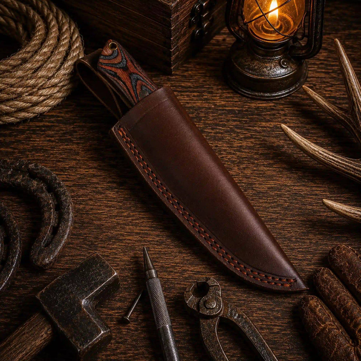 SHAM KNIVES full tang drop point hunting knife with 1095 high carbon steel blade, ideal for camping and outdoor hunting.