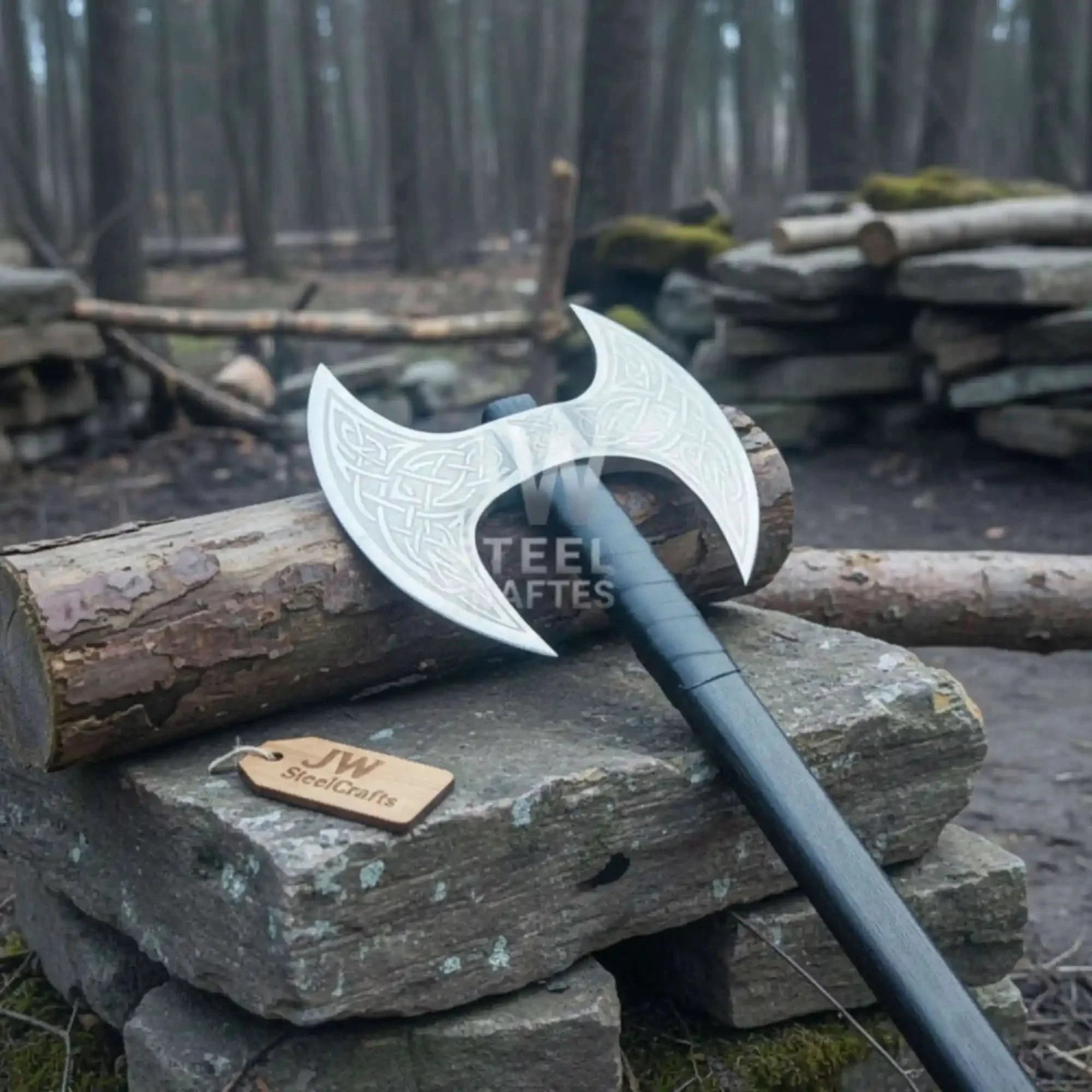 Custom Handmade Double-Headed Viking Axe with Nordic Knotwork Engravings and Cord-Wrapped Handle