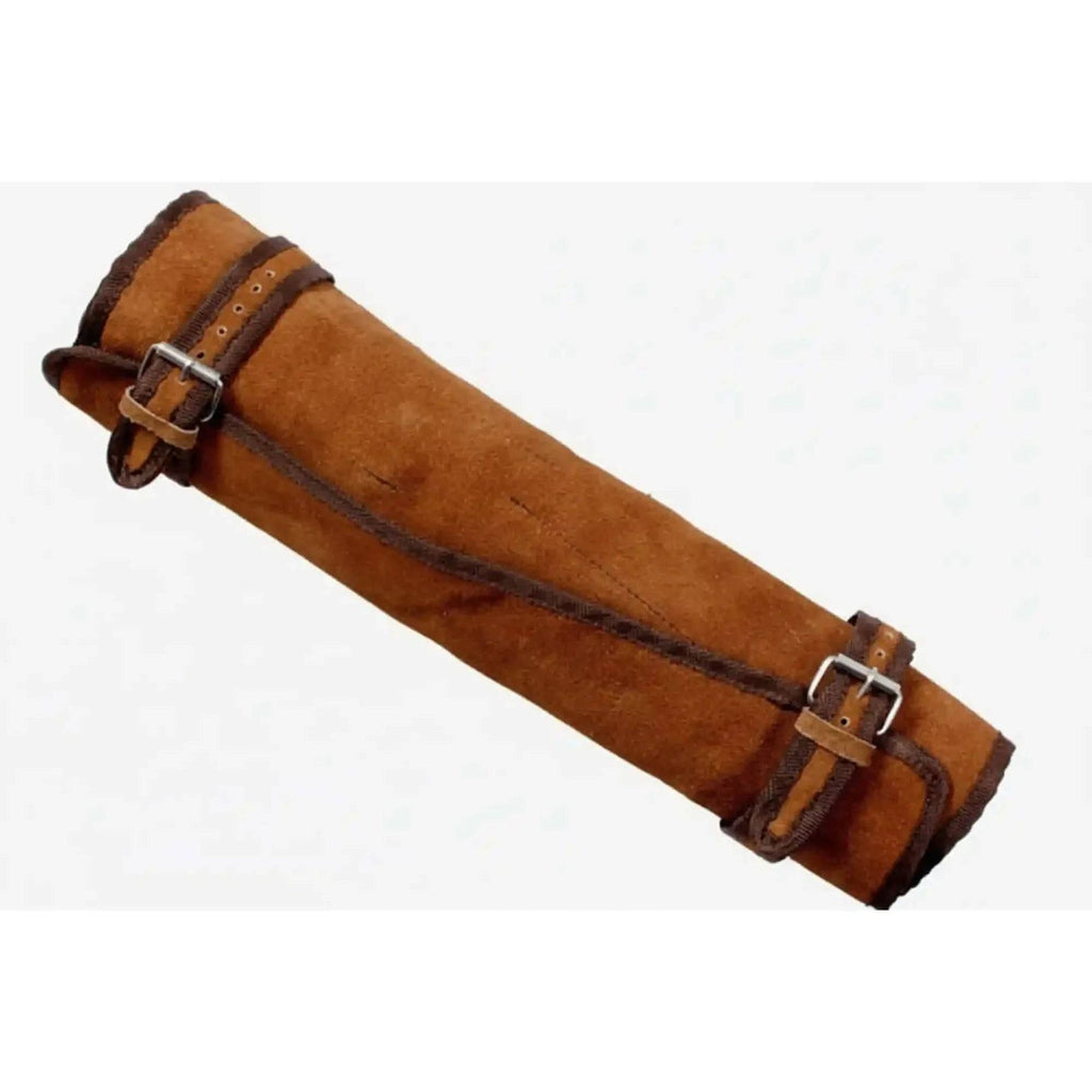 Handmade JW SteelCrafts 7-piece Damascus kitchen knife set with synthetic stag horn handles, brass bolsters, in a durable suede case.