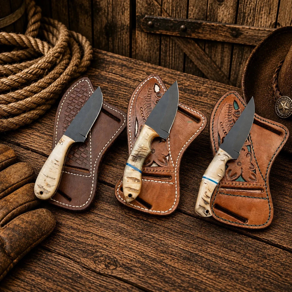 Dutton Ranch Collection SHAM KNIVES cowboy knife with D2 powder-coated blade and Damascus handle in a rugged outdoor setting.