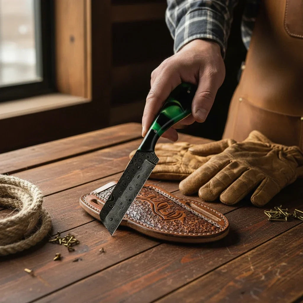 The Prairie Fire – Custom Handmade Damascus Steel Bull Cutter Knife with Epoxy Resin Handle & Leather Sheath