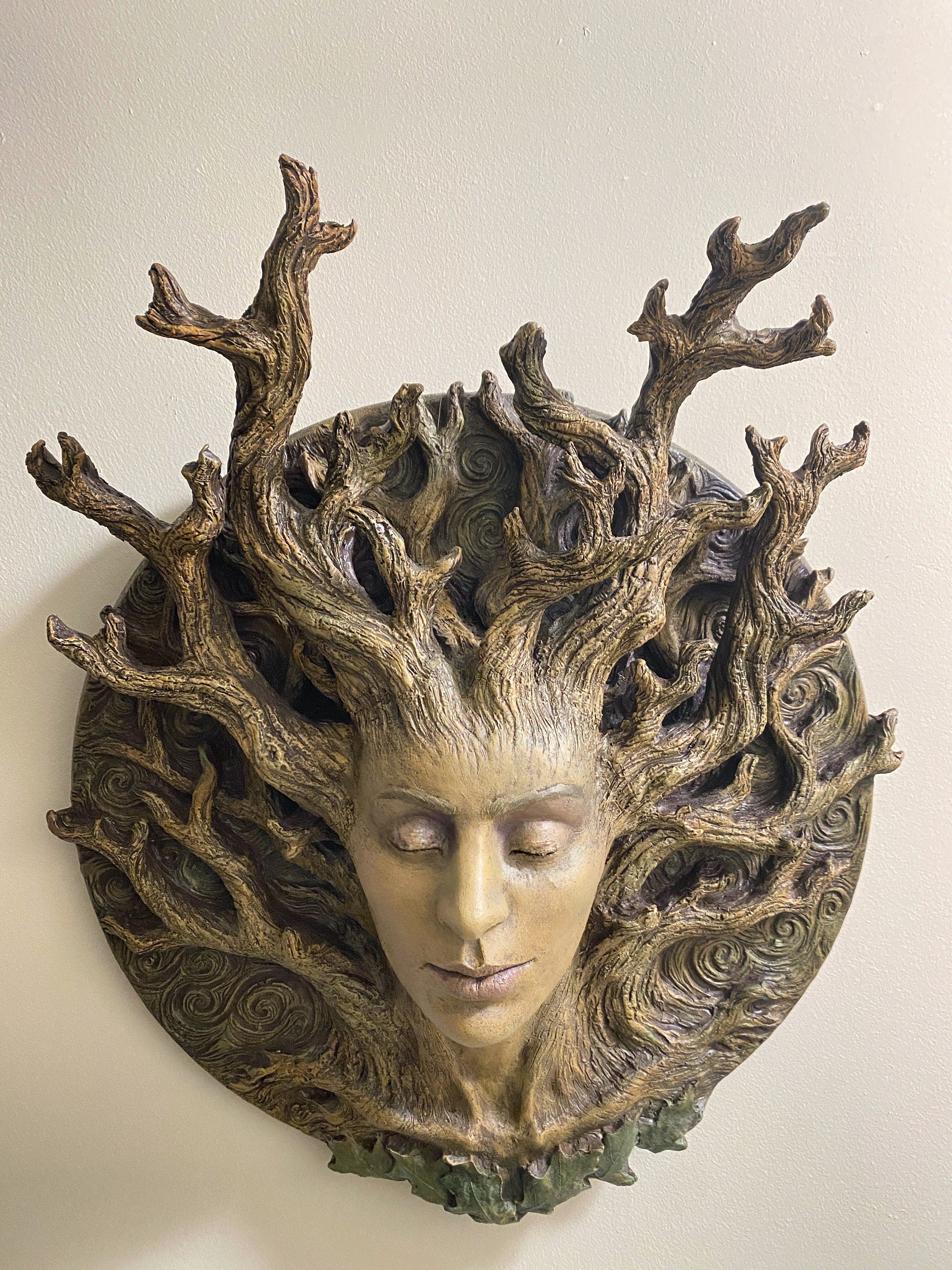 Dryad Bust, Life Sized Wall Plaque Resin Sculpture | Mythic Forest Creature Wall Art | Woodland Goddess Wall Plaque for Nature Lovers