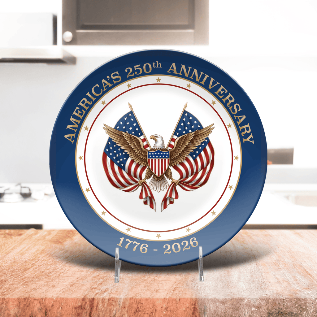 Proud Patriots America's 250th Anniversary 1776-2026 decorative plate with patriotic design and commemorative inscription.